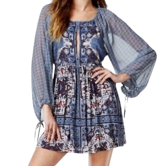 Free People Oksana Blue Print Mini Dress Sheer Sleeves Size 0 - Picture 12 of 12